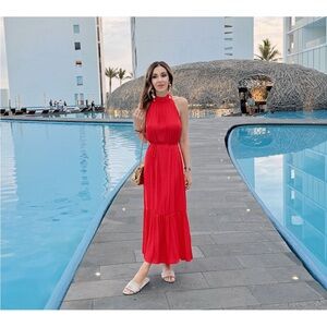 OPT Elegant Red Halter Maxi Dress